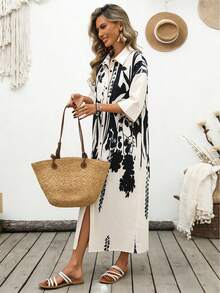 Breezaya Women's Elegant Sexy Casual Vacation Style Turndown Collar Dropped Shoulder Loose Long Floral Print White Shirt Dress Golf Summer - Apricot - View 4