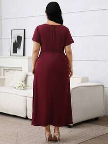 Modelyn Vestido plisado de parches con decoración floral 3D de unicolor elegante talla grande, para verano - Burdeos - Ver 2