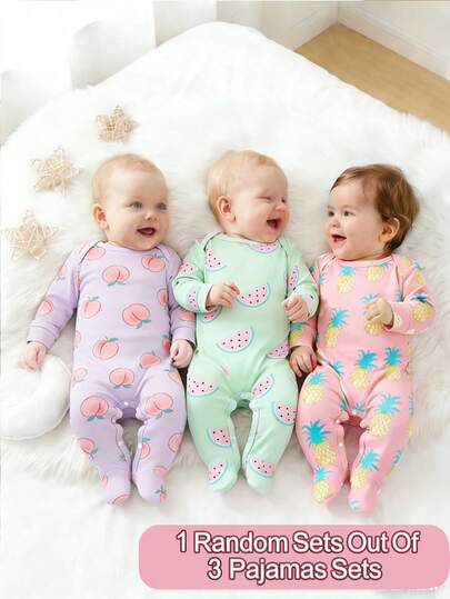 SHEIN [Random 3 Sets, Send 1 Set] Newborn Romper, Cartoon Fruit All-Over Print, Fresh & Cute, Ins Style, Long Sleeve Round Neck Snap Button Crotch Design, Easy To Wear, Homewear, Casual Outing, Suitable For All Seasons