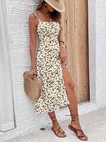 SHEIN Frenchy 休闲简约风格杏色底彩色小几何及豹纹印花女士中长连衣裙，适合春夏度假穿着 - 彩色 - 查看 3