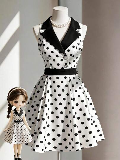 Endroma Sleeveless Waist Splicing Polka Dot A-Line Elegant Romantic Sophisticated Ladies Dress