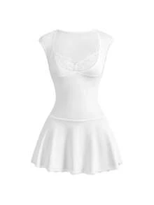 Đầm ngắn ôm sát eo xếp ly phối ren tương phản phong cách Y2K gợi cảm, đa năng dành cho nữ, thích hợp cho mùa xuân/hè. - trắng - Xem 5
