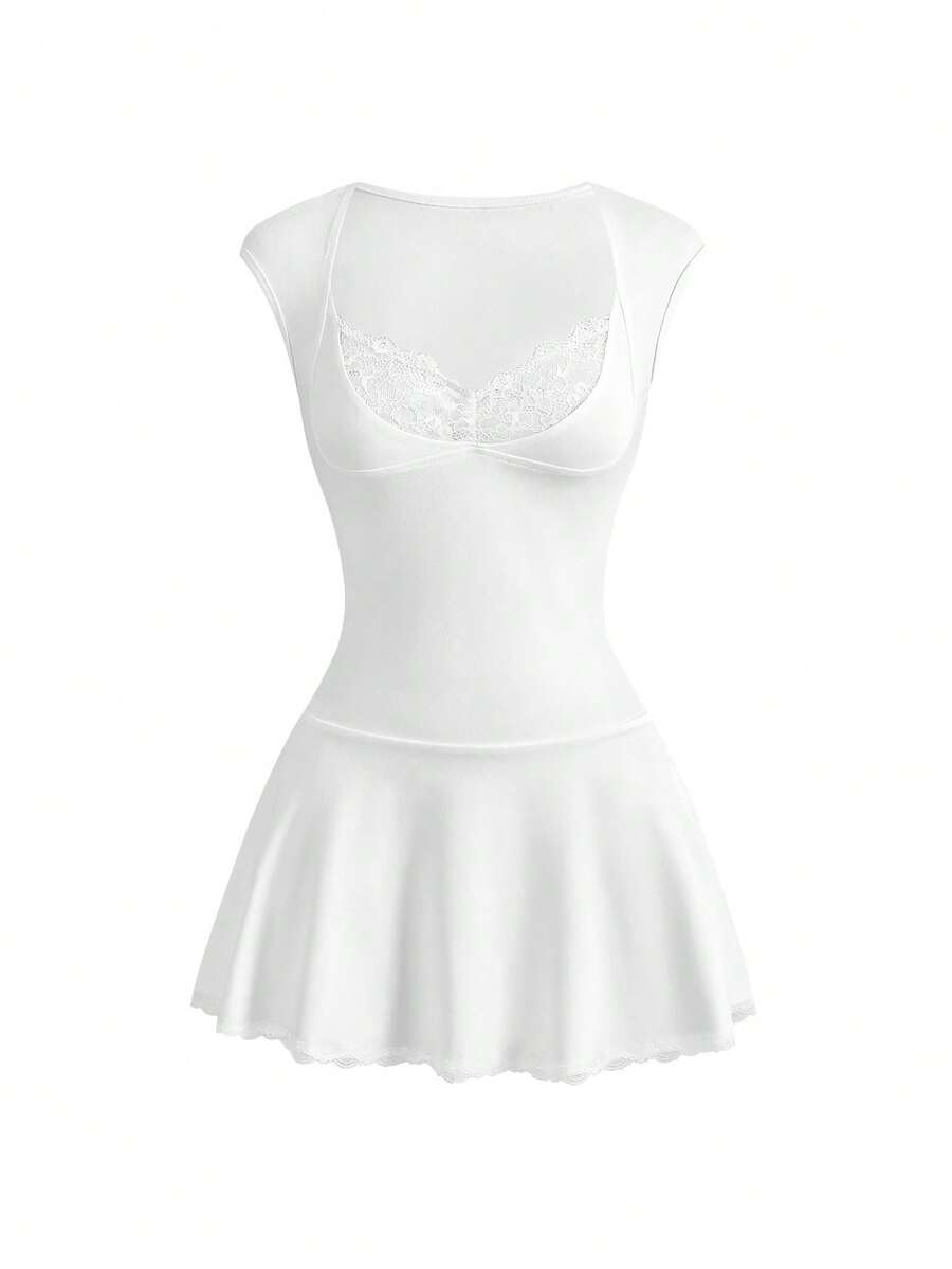 ROMWE Y2K Sexy Versatile Contrast Lace Ruched Waist Bodycon Mini Dress For Women, Spring/Summer - White - View 1