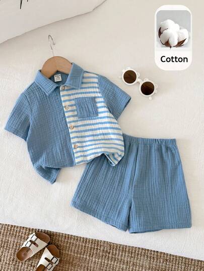 SHEIN Bộ 2 món áo sơ mi ngắn tay và quần short kẻ sọc phối màu mùa hè cho bé trai, chất liệu vải nhẹ, phù hợp cho tiệc sinh nhật, tiệc rave, tiệc tối, biểu diễn, đám cưới, tiệc mừng em bé chào đời, lễ rửa tội, lễ kỷ niệm sinh nhật lần thứ nhất, khách mời đám cưới.