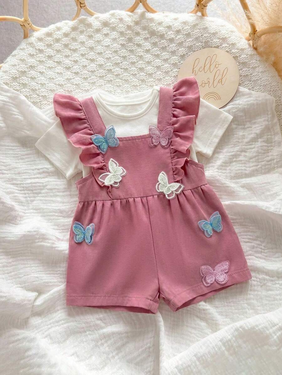 Newborn Baby Girl Cute Flutter Sleeve Butterfly Decor Romper - Pink - View 1