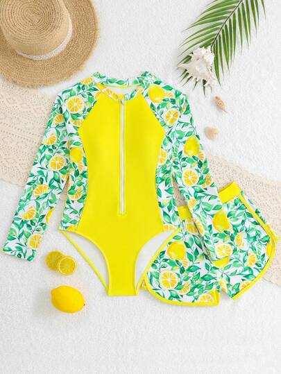 SHEIN 少女柠檬印花长袖比基尼套装，前拉链两件式泳衣，适合海滩、冲浪、游泳、水上运动的保守泳装