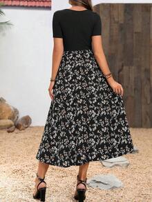 Breezaya Ladies' Plain Color Printed Splicing Simple Daily Dress Maxi Women Outfit - Black - View 2