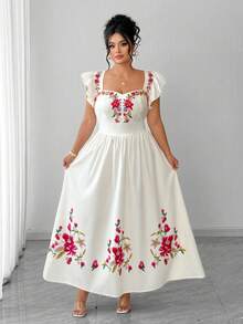 Elenzga Plus Size White,Summer,Elegant,Wedding Ninang Square Neck Ruffle Sleeve Embroidery Print Fit&Flare Maxi Dress,Apricot Floral Sweet Vacation For Women - Apricot - View 3