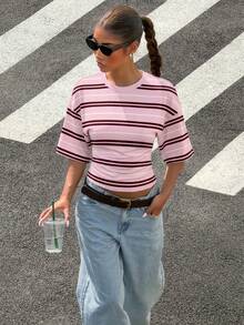 Muchica Women's Retro Striped Contrast Color Print T-Shirt, Suitable For Outings, Street Style, Airport, Work Commute, Y2K, Chic - Multicolor - View 6