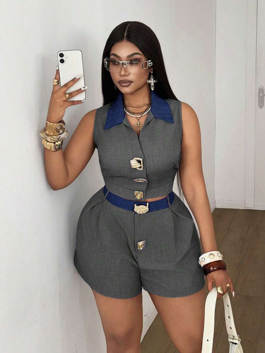 Maweii Plus Size Summer Casual Commuting Contrast Color Collar Sleeveless Top And Shorts 2 Pieces Set - Grey - View 1