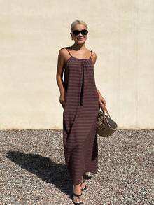 Livesso 女士条纹印花扭结肩带休闲长裙 - 棕色 - 查看 6