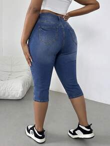 SHEIN CURVE+ 大码女式口袋纽扣休闲百搭日常牛仔裤 - 藍色 - 查看 2