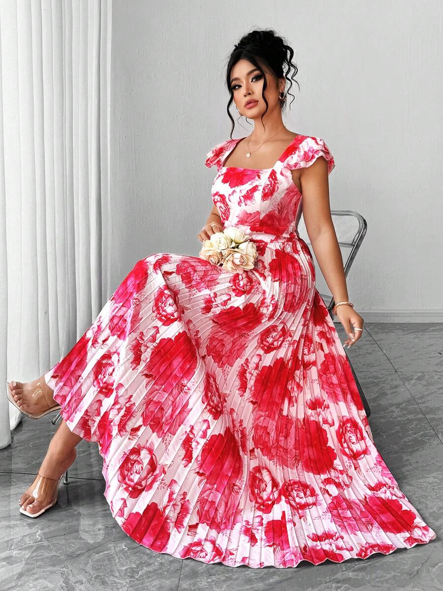 Elenzga 大码女式复古法式百搭度假约会连衣裙，褶皱腰身，印花荷叶边袖，方领设计。 - 彩色 - 查看 1