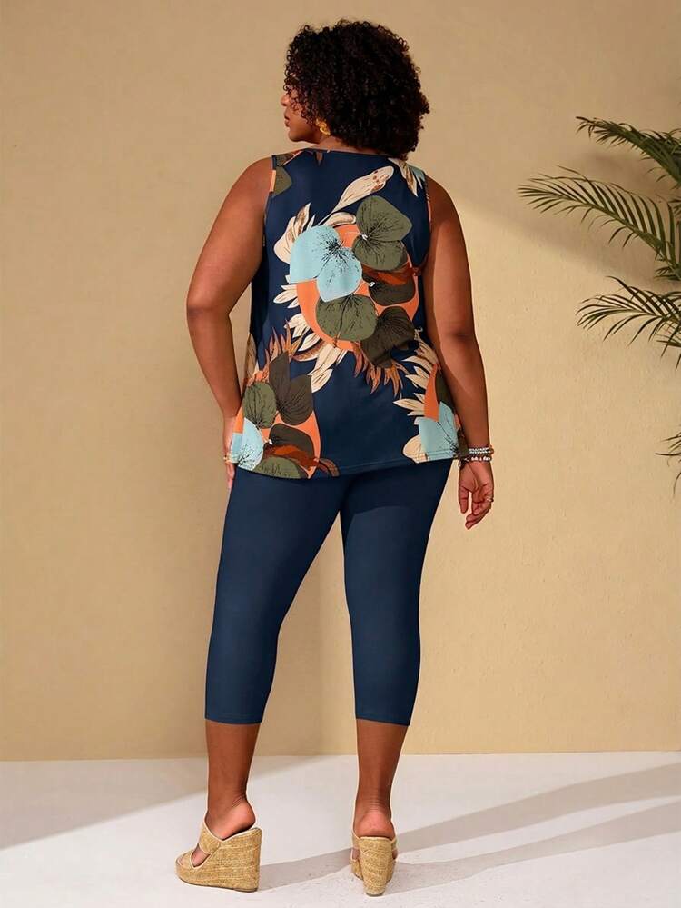 Plus Size Women Leaf Print Round Neck Top And Capri Pants 2 Pieces Casual Set