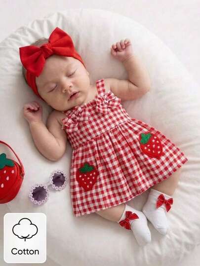 This Newborn Baby Girl's Dress Features A Red-And-White Checkered Pattern, Accented With A Bow And Strawberry Embroidery. It Has A Full Row Of Buttons Down The Back For Easy Dressing And Undressing. New Summer Arrival; Cute, Sweet, And Fresh; Stylish Design; Perfect For Photo Shoots And Vacations.