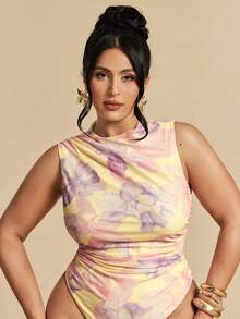 SHEIN BAE Tuta elegante con stampa floreale senza maniche e arricciature, taglia comoda, adatta per pendolarismo, vacanze al mare, tuta graziosa - Multicolore - Visualizzare 4