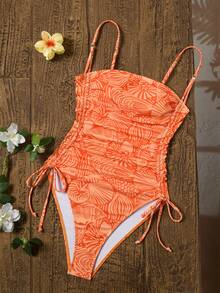 Swim Vcay 女士度假沙滩派对印花面料吊带连体泳衣 - 橘色 - 查看 3