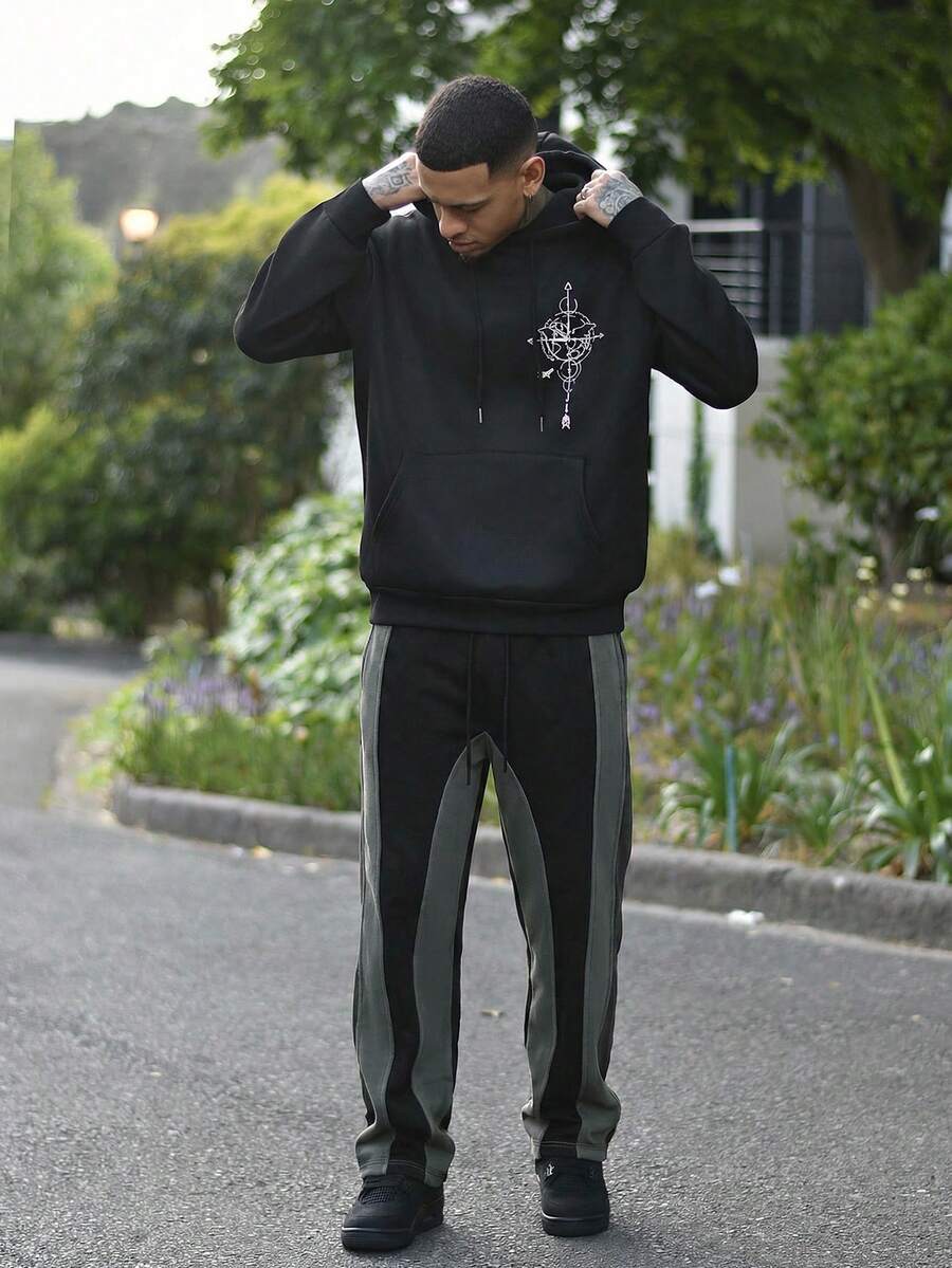 Devon Thys 休闲拼接撞色抽绳宽松阔腿男士裤 - 深灰色 - 查看 1