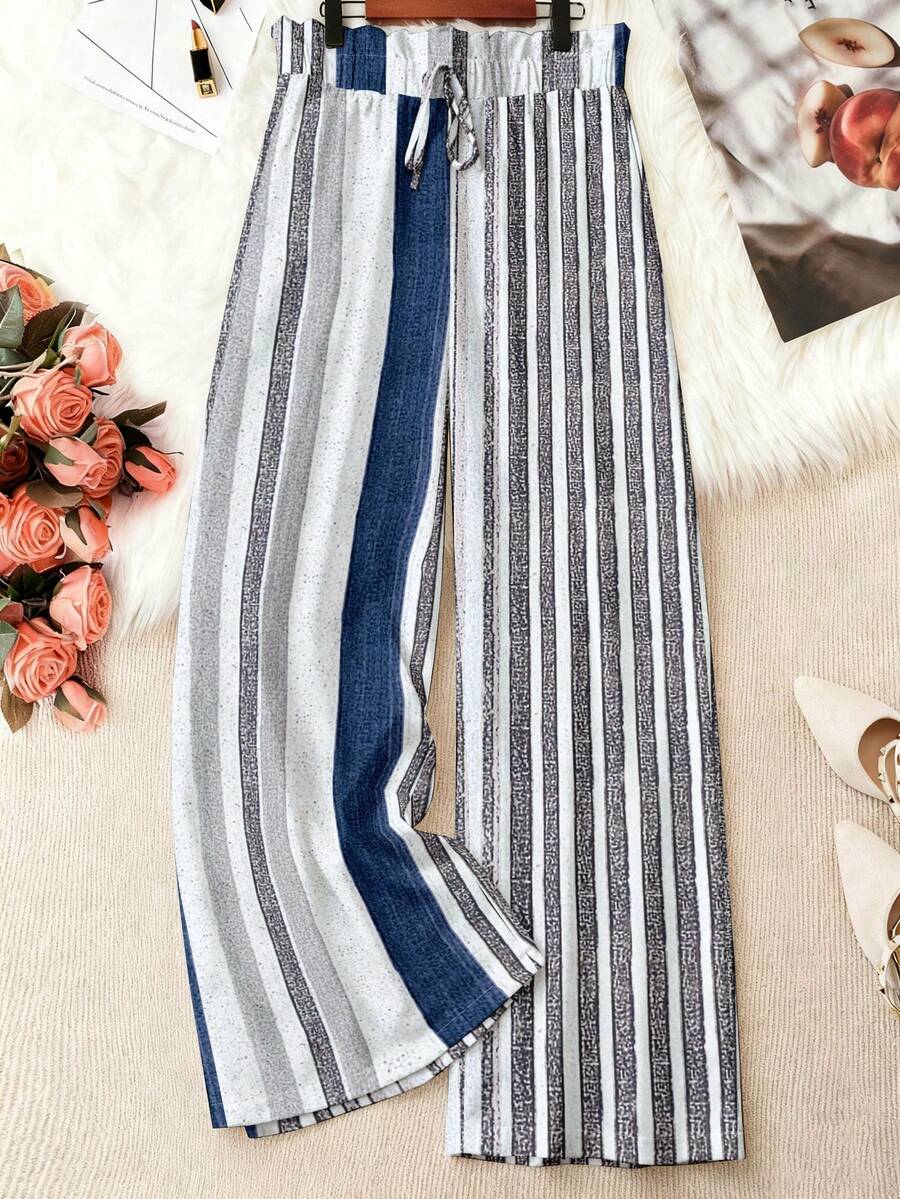 EMERY ROSE Plus Size Women's Elegant Casual Striped Pants, Long Trousers For Plus Size - Multicolor - View 1