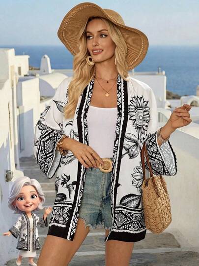 EMERY ROSE Women's Floral Print Casual Vacation Beach Cardigan
