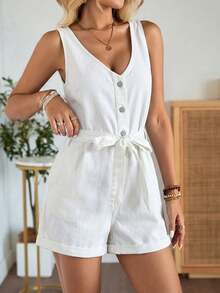 EMERY ROSE Mature Denim Women's Solid Color Minimalist Sleeveless Jumpsuit, Casual Everyday Wear - White - View 6