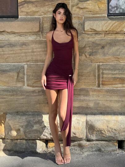 AmyJordy 万圣节女士吊带Y2K性感褶皱金属扣连衣裙派对