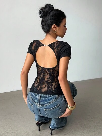 SHEIN PETITE CURVE Plus Size Women's Black Lace Patchwork Backless Metal Button Fitted Short Sleeve T-Shirt, Casual Outdoor Top, Street Style Clothing, Concert Party Top, Ysk Women's Blouse, Rave Festival Outfit, Ibiza Holiday Wear, Vacation Top, Boho Beach Backless Blouse, Summer Holiday Party Casual Dress, Suitable For Summer, Daily Commute, Dating, Party, Christmas, New Year, Thanksgiving, Party, Wedding, Beach, Graduation Ceremony, Fashion, Elegant, Casual, Outing, Dating, Reservation, Commuting, Shiny, Valentine's Day, Elegant, Vacation, Casual, Y2K, Outing, Graduation Ceremony And Other Occasions.Black Sexy Lace Top