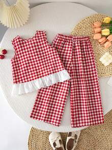 Emery Rose Kids Emery Rose Kids 女童圆领无袖荷叶边格子休闲背心套装，夏季 - 紅色 - 查看 4