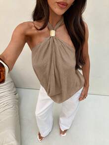 Aloruh Women's Backless Halter Neck Top,Beige Khaki Metal Buckle Summer Casual Holiday Vacation,Solid Color Sleeveless Top For Women New Year's Eve - Khaki - View 2