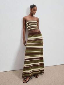 ATUI Studio 女士度假休闲条纹针织抹胸上衣和宽松长裙两件套 - 棕色 - 查看 2