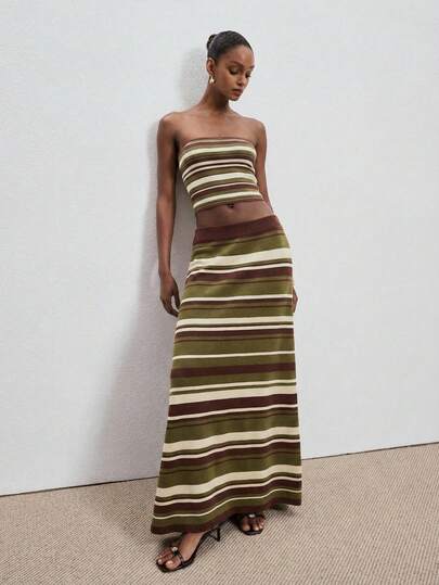 ATUI Studio Women's Vacation Casual Striped Knit Tube Top And Relaxed Long Skirt 2 Pieces Set