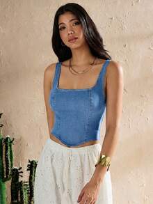SHEIN Forever 21 Áo hai dây denim wash vintage gợi cảm phong cách Y2K đa năng dành cho nữ - Rửa trung bình - Xem 6