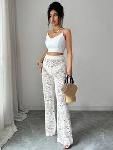 SHEIN Elenzya Quần len dệt kim khoét lỗ thanh lịch dành cho nữ - Màu be - Xem 6