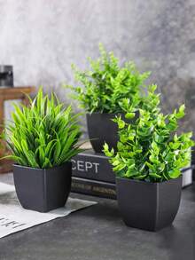 MEHELANY 4件套仿真绿色植物迷你盆栽套装，假花盆，塑料仿植物，黑色花盆，适用于家居、办公室、餐桌、农舍、浴室、庭院、礼品、花园、户外植物、园艺、人造花（1件随机） - 綠色 - 查看 3