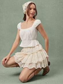 WESTFADE 刺绣花卉编织多层迷你裙 - 白色 - 查看 1