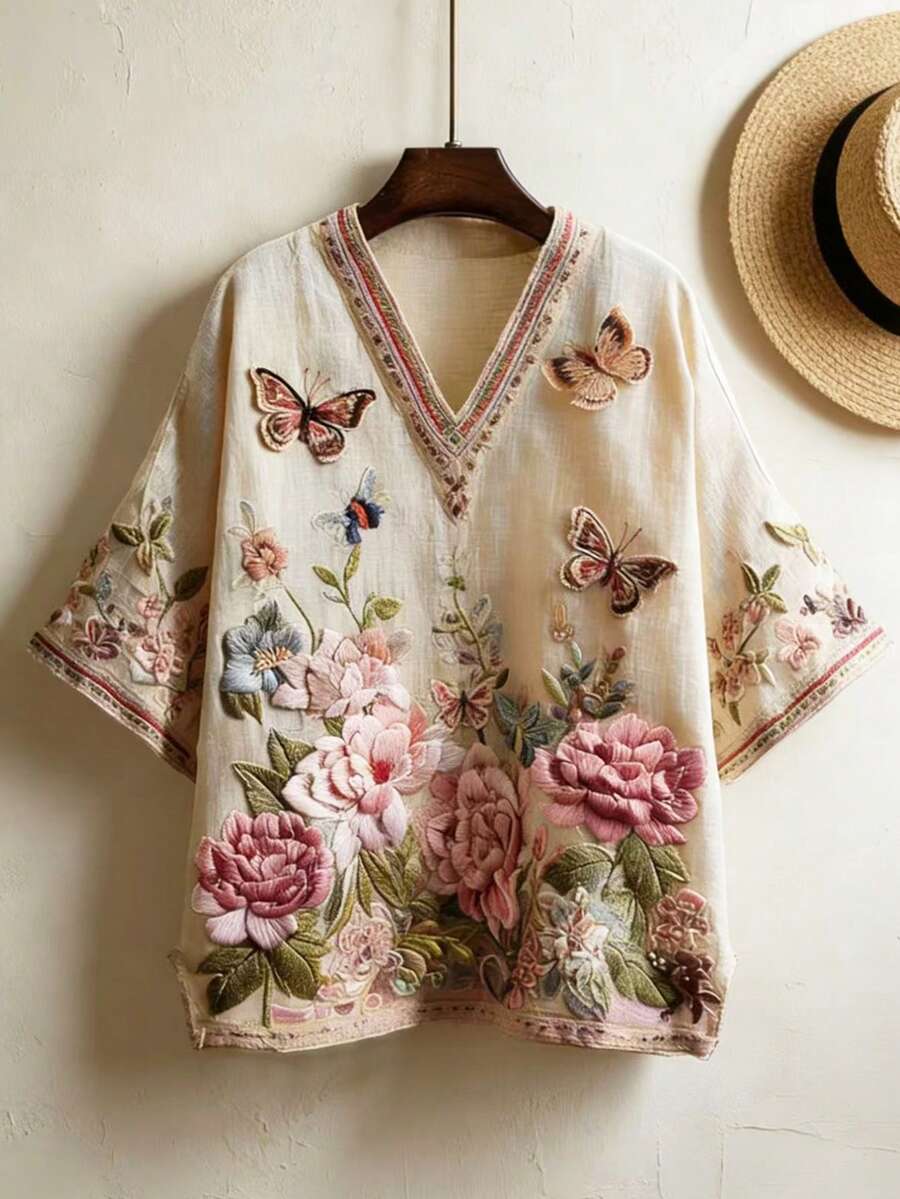 EMERY ROSE 休闲舒适花卉蝴蝶刺绣印花短袖衬衫，夏季上衣 - 彩色 - 查看 1
