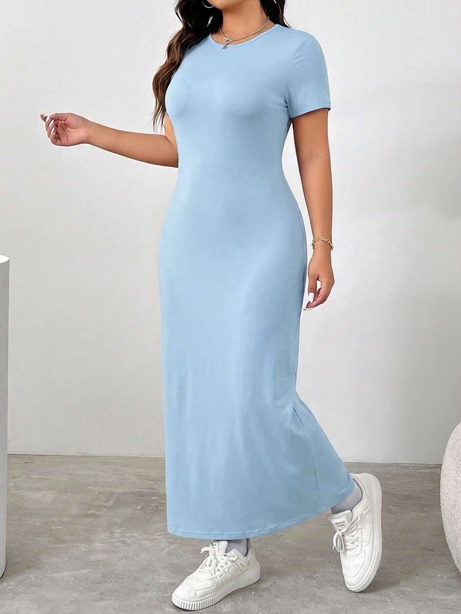 SHEIN EZwear Plus Size Solid Color Round Neck Fitted Summer Short Sleeve Dress, Blue - Blue - View 1