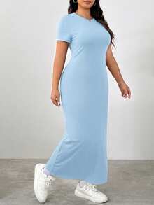 SHEIN EZwear Plus Size Solid Color Round Neck Fitted Summer Short Sleeve Dress, Blue - Blue - View 3