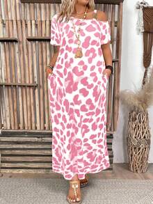 Breezaya Plus Size Leopard Print Asymmetric Neckline With Round Ring Decor Elegant Bodycon Mini Dress Maxi Women Outfit - Multicolor - View 3