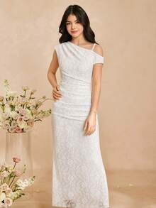 Girls' Elegant High-End Lace Solid White Asymmetric Shoulder Dress, Suitable For Graduation Season, Wedding Season, Summer & Spring - White - View 3