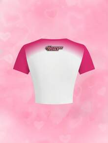 THE POWERPUFF GIRLS X SHEIN Áo thun nữ dáng ngắn ôm sát, in chữ phối màu tương phản - trắng - Xem 2