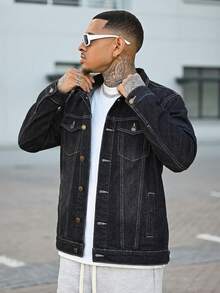 Devon Thys 男士长袖经典修身牛仔夹克，秋季款 - 黑色 - 查看 4