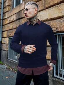 Artur Kramer Herren Lässig einfarbiger V-Ausschnitt Pullover Sweater, Navy Blau, Herbst/Winter, Langarm Oberteil - marineblau - Übersicht 4