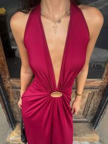 AmyJordy Solid Color Knitted Backless Dress For Women,Bodycon Dress,Christmas,New Year Party, Wedding Guest Outfits, Elegant Graduation, Luxury Prom Dress, Casual Outfits,Fall Winter Clothes - Burgundy - View 3