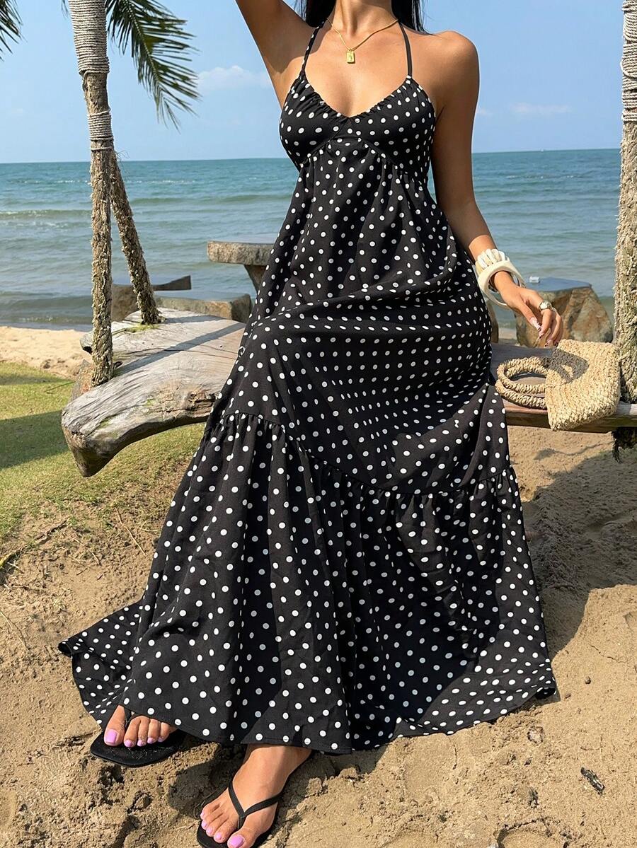 SHEIN PETITE V-Neck Polka Dot Print Halter Backless A-Line Ruffle Hem Maxi Dress, Suitable For Petite Women, Summer, Beach, Vacation, Date, Everyday Wear - Black - View 1