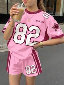 少女撞色边饰街头运动复古豹纹82号城市字母图案休闲宽松圆领短袖T恤和短裤两件套，适合春夏穿着 - 彩色 - 查看 1