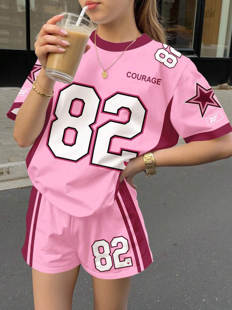 少女撞色边饰街头运动复古豹纹82号城市字母图案休闲宽松圆领短袖T恤和短裤两件套，适合春夏穿着 - 彩色 - 查看 1