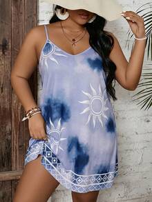 SHEIN VCAY Plus Size Women's Vacation Style V-Neck Sleeveless Dress - Multicolor - View 1