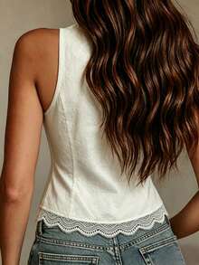 SHEIN Holidaya 女士新款复古蕾丝边V领修身背心 - 白色 - 查看 3