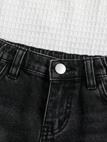 SHEIN Young Girls' Y2K Spring Summer Boho Girls Jeans Shorts ,Washed Casual Distressed Denim Shorts - Black - View 5
